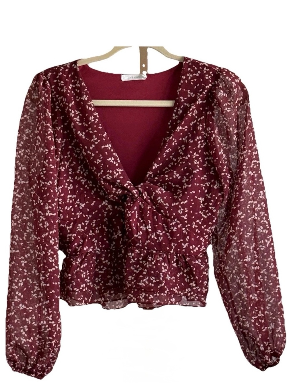 Lush Floral Lined Peplum Womens LS Fall Top Burgundy Cream Workwear Feminine S
